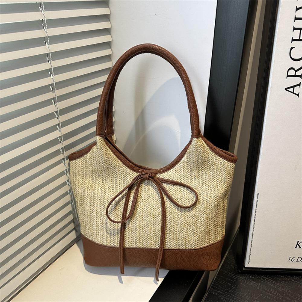 Elegant Straw Shoulder Bag Bow Tie Women's Handbag Trendy Weaving Tote Bag Lady