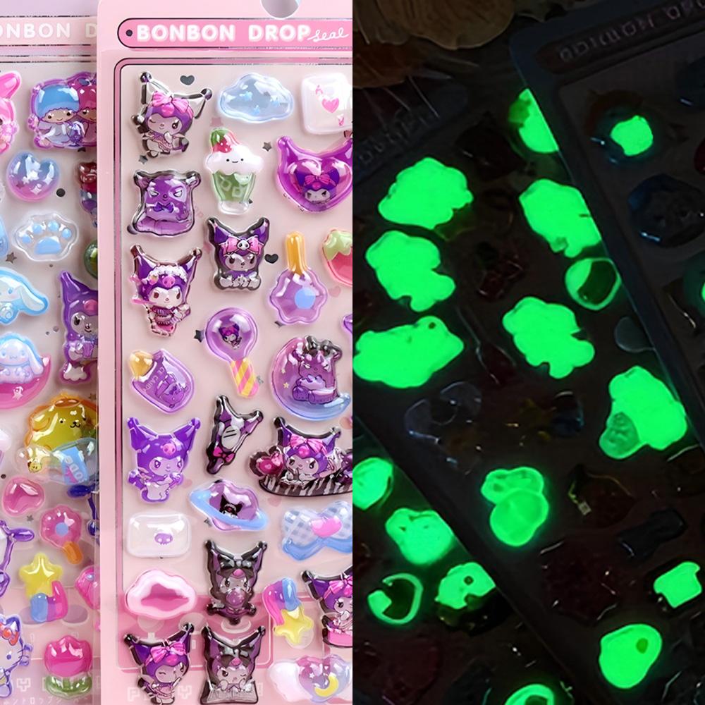 Kawaii Kuromi Cinnamoroll My Melody 3D Relief Stickers Cute Sanrio Luminous Crystal Sticker Toys Reward Decoration Decals Gifts