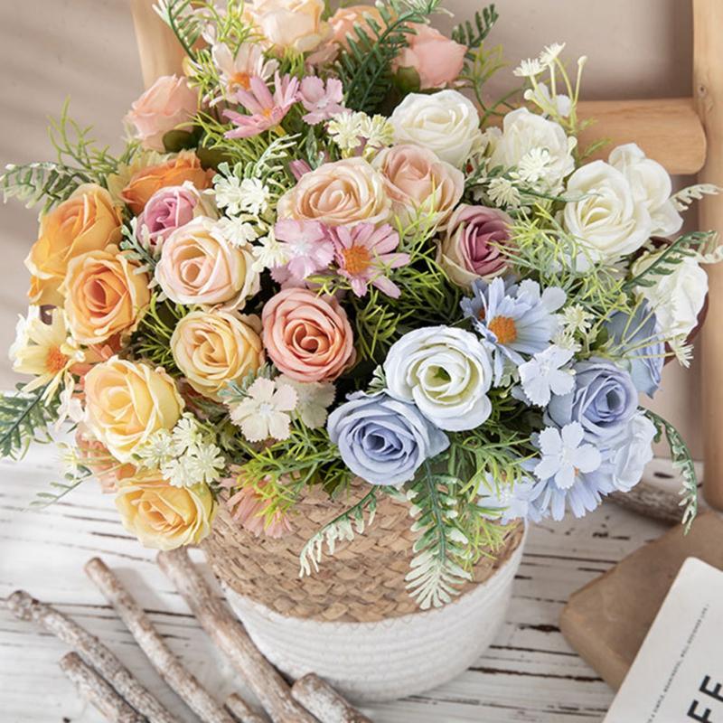 Букет из искусственных роз и ромашек, искусственные цветы, центральные украшения для столов, дома, гостиной, свадебные композиции, букет невесты в руках