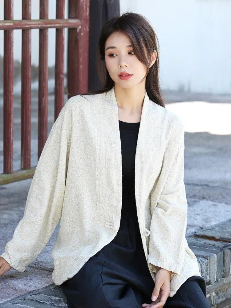 Johnature Осенняя женская винтажная однотонная рубашка с v-образным вырезом, свободные льняные рубашки с длинными рукавами