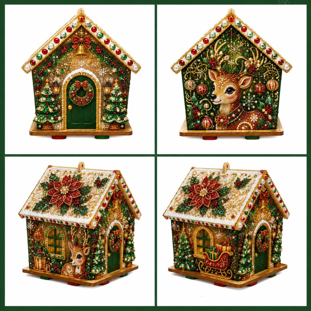 3D Christmas Wooden House Diamond Art Kit for Adults DIY Pearl Bead Painting Craft with Resin Gems Handmade Hanging Holiday Ornament Festive Wall