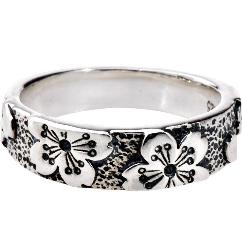 Handcrafted Cherry Blossom Engraved Adjustable Ring Women Men Vintage Boho Floral Open Band Sterling