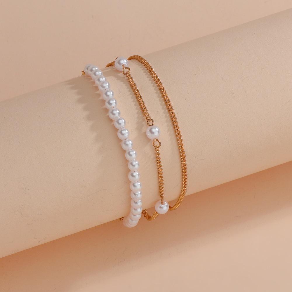 Bohemian beach seaside, pearl multi-layer metal anklet personalized women's anklet 3-piece set