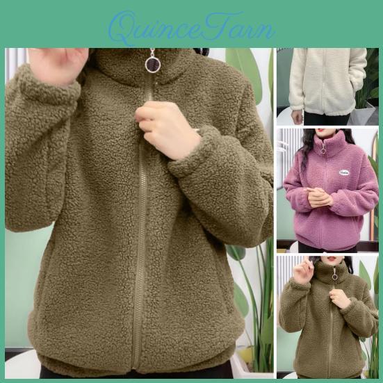 Solid Fuzzy Warm Color Stand Collar Loose Fit Zipper Closure Dual Pocket Drop Shoulder Long Sleeves Ladies