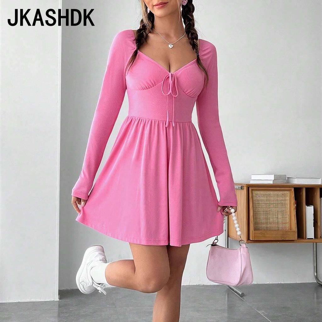 JKASHDK Женская мода весна осень однотонный принт с длинным рукавом и высокой талией повседневные платья