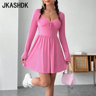 Женская мода весна осень однотонный принт с длинным рукавом и высокой талией повседневные платья