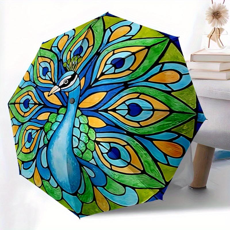 1pc Peacock Stained Glass Automatic Umbrella - 8-Rib Foldable Design, Outdoor Adventures, and Family Celebrations yy250829030