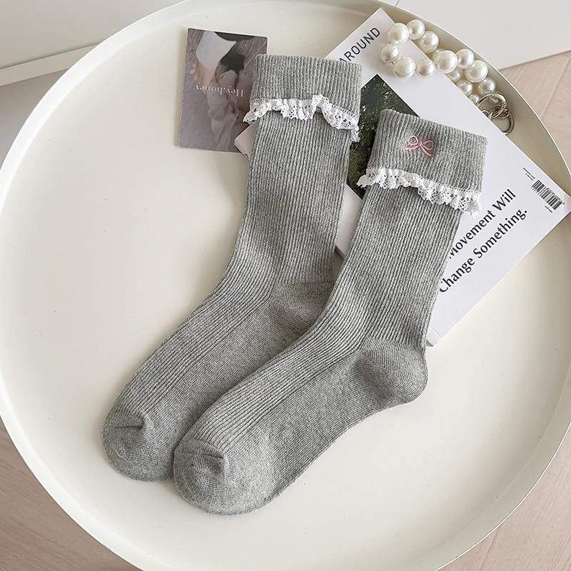 Simple All-Match Girly Cotton Socks Lace Bow Sweet Sock Casual Breathable Sweat-Wicking Mid-Tube Socks Accessories Gifts
