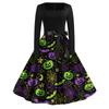 Women's Casual Vintage Halloween Print Square Neck Long Sleeve Dress Retro Fit Flared Skirt Midi Length with Waist Tie Belt
