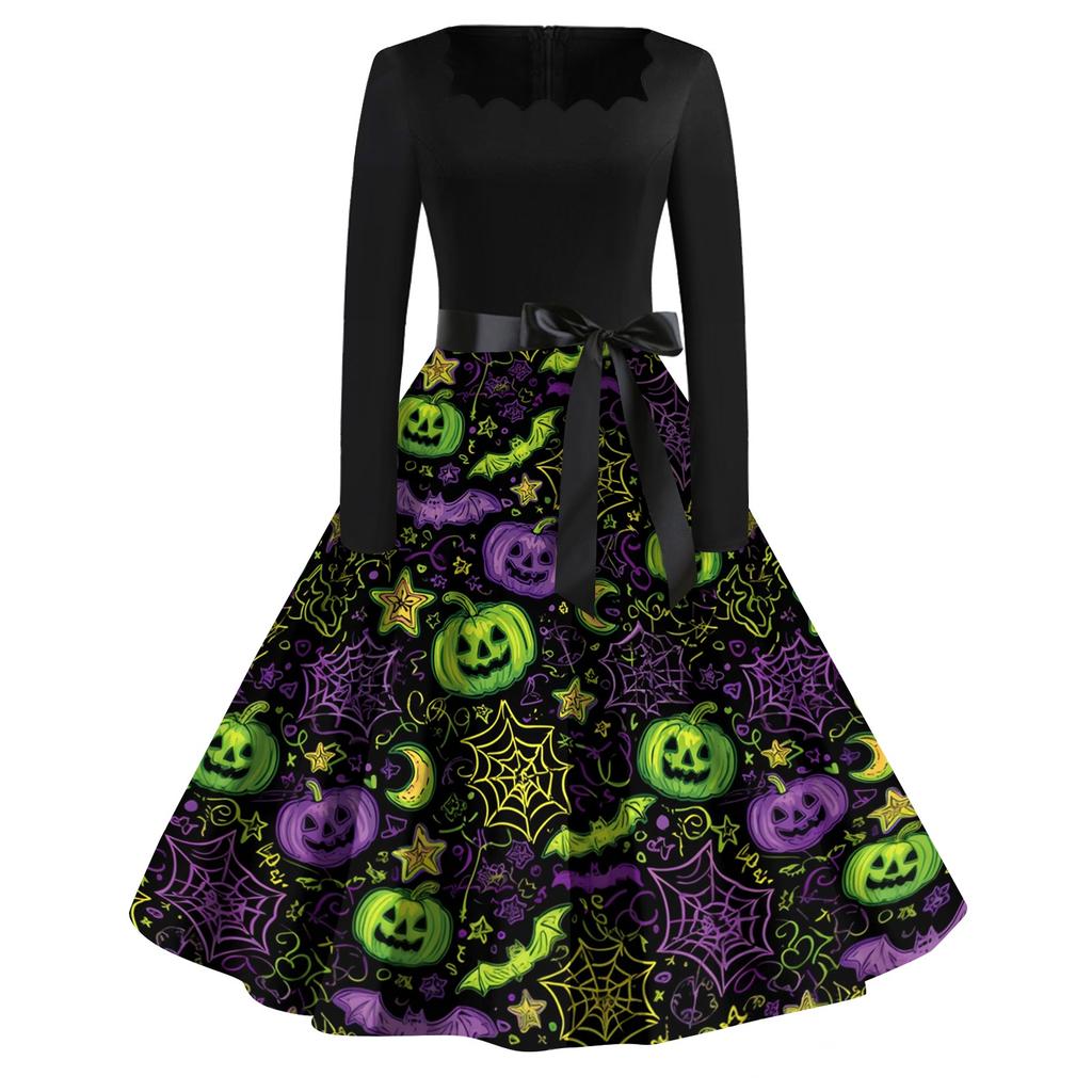 Women's Casual Vintage Halloween Print Square Neck Long Sleeve Dress Retro Fit Flared Skirt Midi Length with Waist Tie Belt
