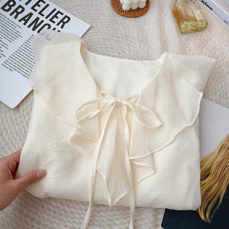 Повседневная рубашка с оборками и V-образным вырезом, женская универсальная свободная блузка с бантом в стиле пэчворк, женские рубашки с длинным рукавом на весну и лето