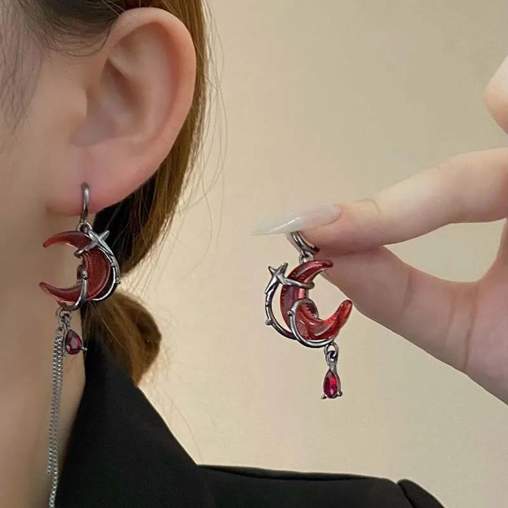 Асимметричные серьги-пусеты Красная Луна Роза Женские Европейский Американский Стиль Личность Кристалл Подвеска-капля Серьги