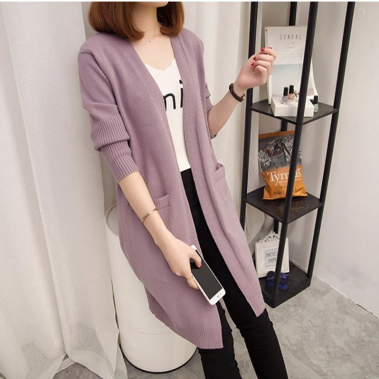 Вязаный кардиган средней длины, женский корейский свободный свитер, ленивый стиль, однотонный свитер с длинными рукавами, куртка для осени и зимы