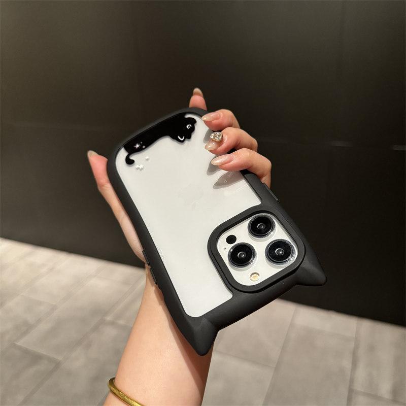 Cartoon Cat Ears Bezel Cute Little Black Cat Acrylic Phone Case for iPhone 15 Pro Max 14 Plus 13 12 Pro 11 All-inclusive Fall Protection Cover