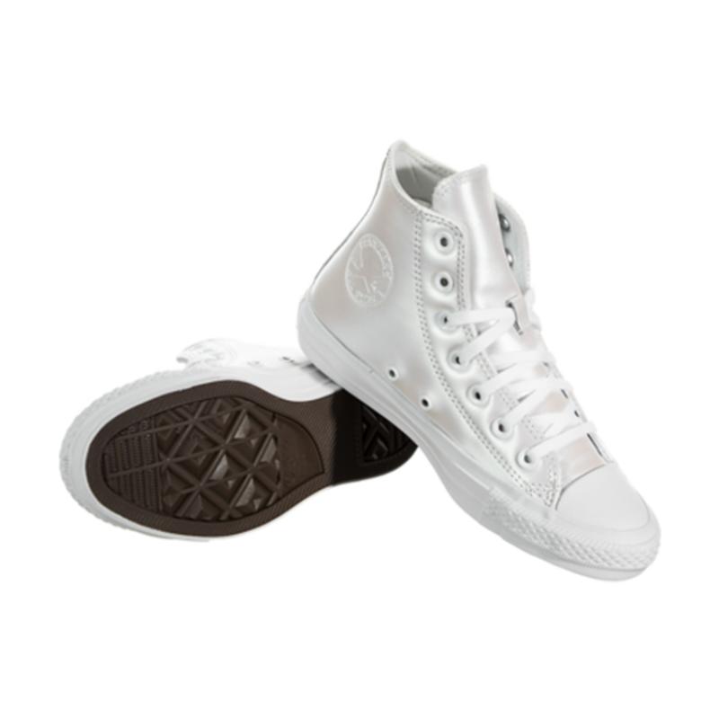 Converse Chuck Taylor All Star Иридесцентная Кожа Нескользящие и Износостойкие Высокие Кеды Женские Серебристо-Белые