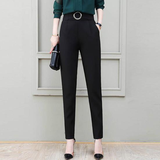 Женские повседневные брюки с высокой талией, костюмные брюки с металлическими пряжками и карманами, однотонные облегающие шаровары, рабочая одежда