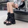 Дизайнерские Женские Крутые Ботинки Модная Пряжка на Ремне Ботинки до Середины Икры 2026 Лето Новые Сандалии Гладиаторы С Открытым Носком На Толстом Каблуке Сандалии