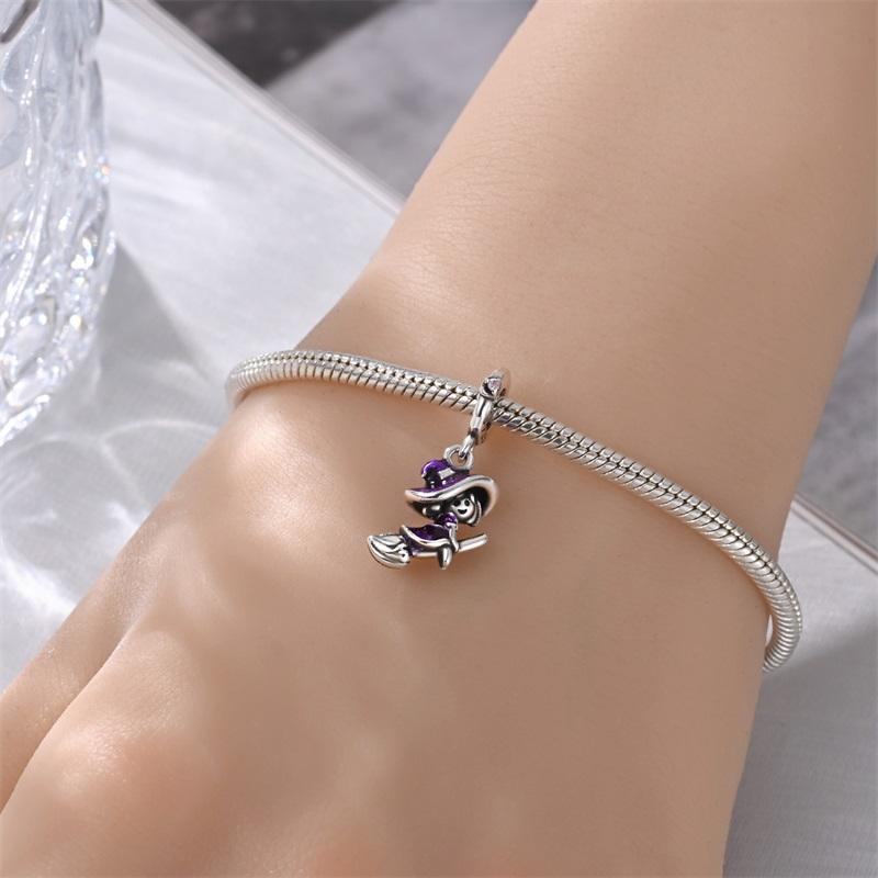 Halloween Party Copper Cute Purple Witch Riding A Broom Beads Fit Charms Diy Bracelet For Jewelry Making Women Gif