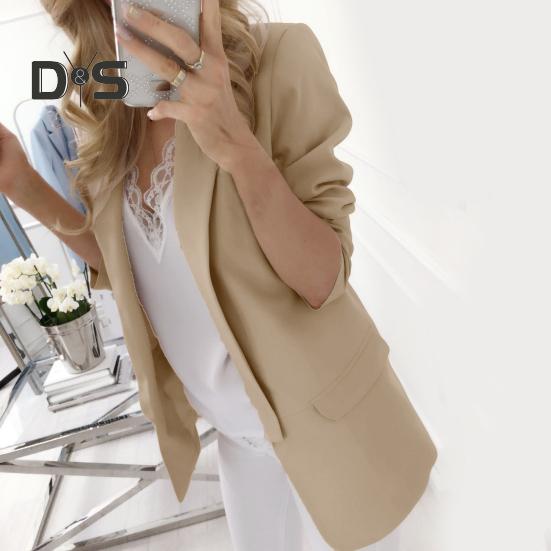 Women Suit Coat Blazer Solid Color Open Stitch Long Sleeves Slim FIt Lapel Soft Anti Wrinkle Formal Business Coat Mid Length Jacket