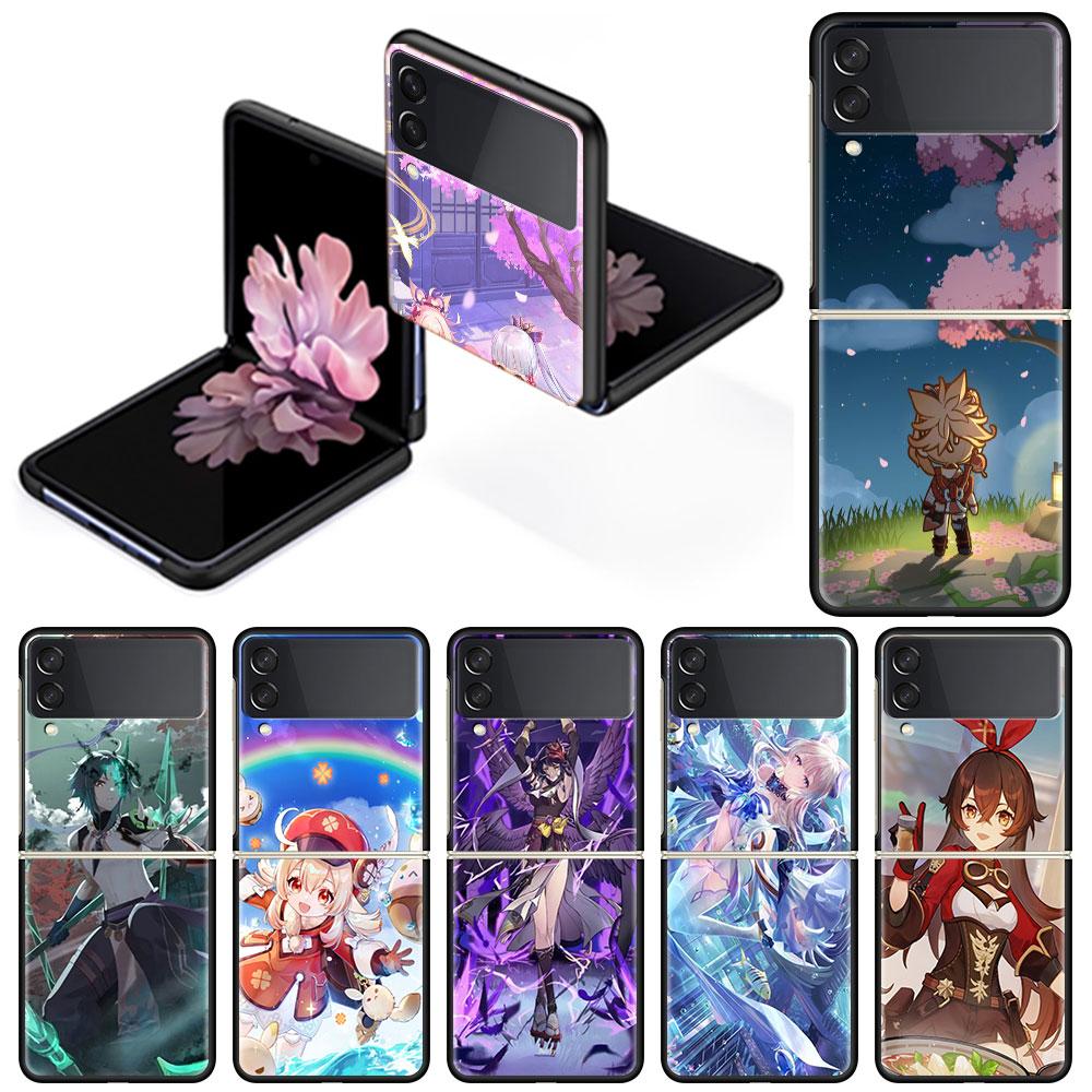 Роскошный чехол для Samsung Galaxy Z Flip 4 3 5G, черный ПК, жесткие чехлы для телефонов, модная задняя крышка ZFlip Funda Game Genshin Impact Shell
