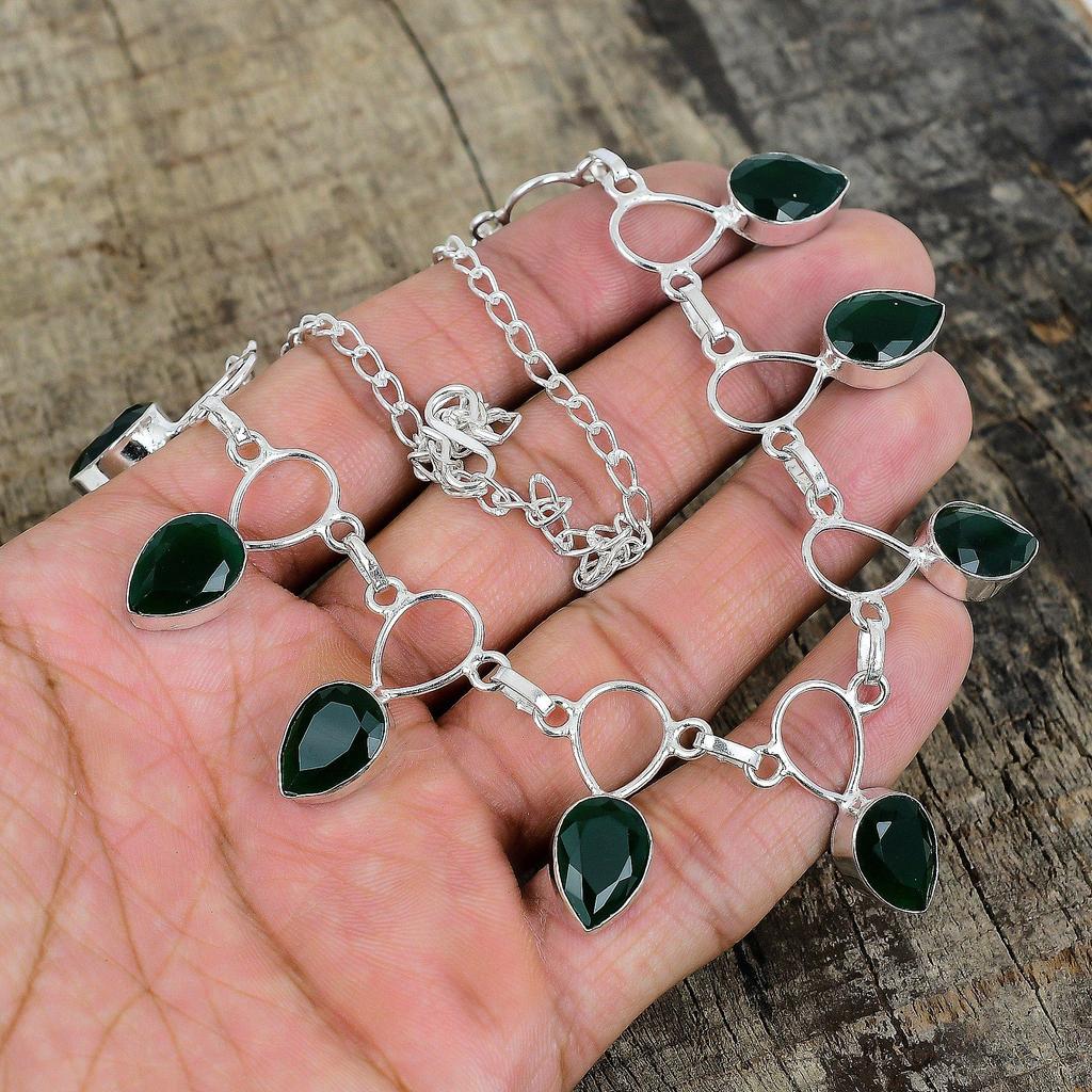 Emerald Silver Necklace, Green Color Necklace, Gemstone Necklace, 925 Sterling Silver Jewelry, 925 Silver Crystal Dainty Necklace For Her