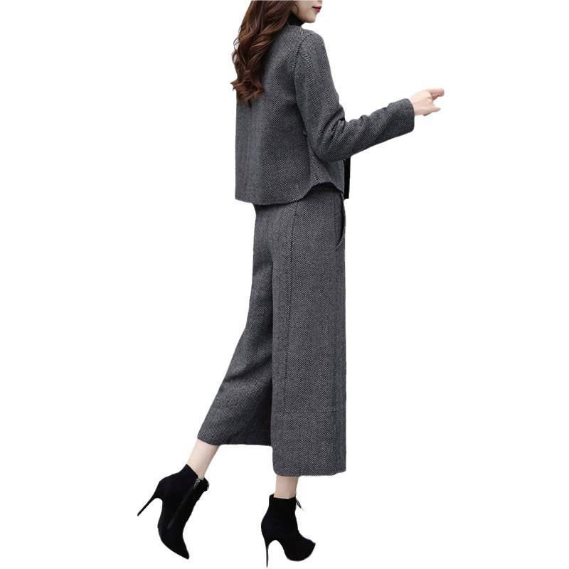 Women's Autumn and Winter Two-piece Pants Herringbone Woolen Coat Wide-leg Pants Casual Fashion Suit Women's Trend