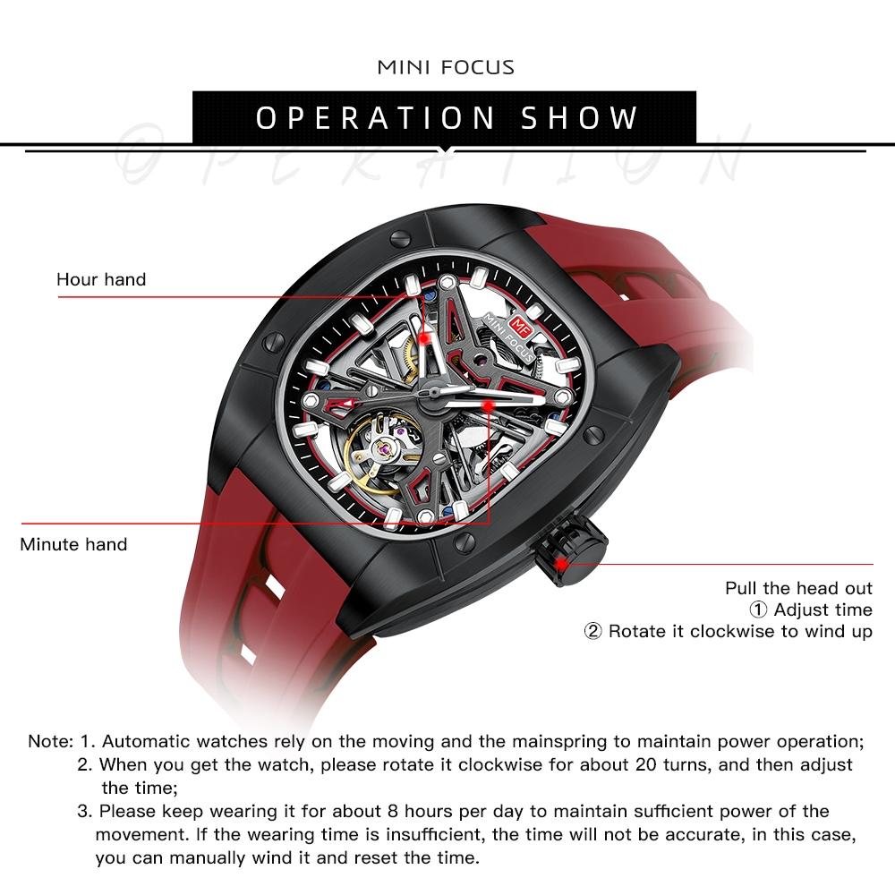 Square Tonneau Racing Sport Winding Automatic Mechanical Watch Front Case Back Skeleton Waterproof Gift MINI FOCUS MF0618G
