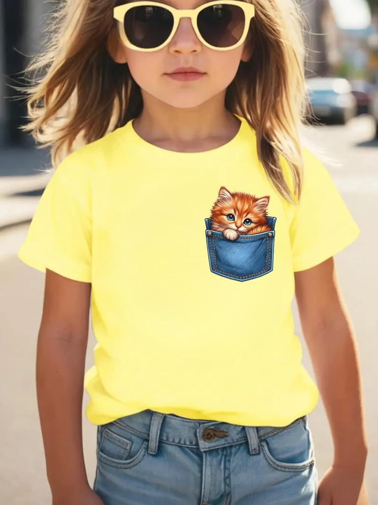 Realistic Cat In Denim Pocket Print T Shirt Boys Girls Family Matching Soft Polyester Short Sleeve Lovely Kids Daily Wear Tops