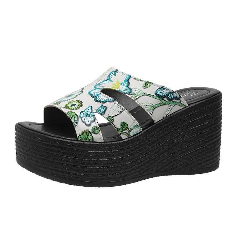 Женские тапочки на танкетке, новые летние босоножки на платформе с цветочным принтом, уличные с открытым носком, на высоком каблуке, тапочки, шлепанцы, женские, Zapatos De Mujer