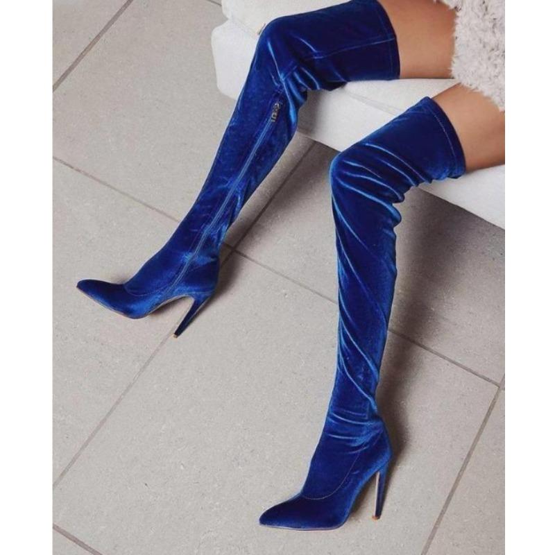 Женские Длинные Сапоги из Бархата 2026 Новый Весенне-Осенний Сезон Обувь Выше Колена Женская Остроносая Шпилька Большие Размеры Эластичные Сапоги на Бедро