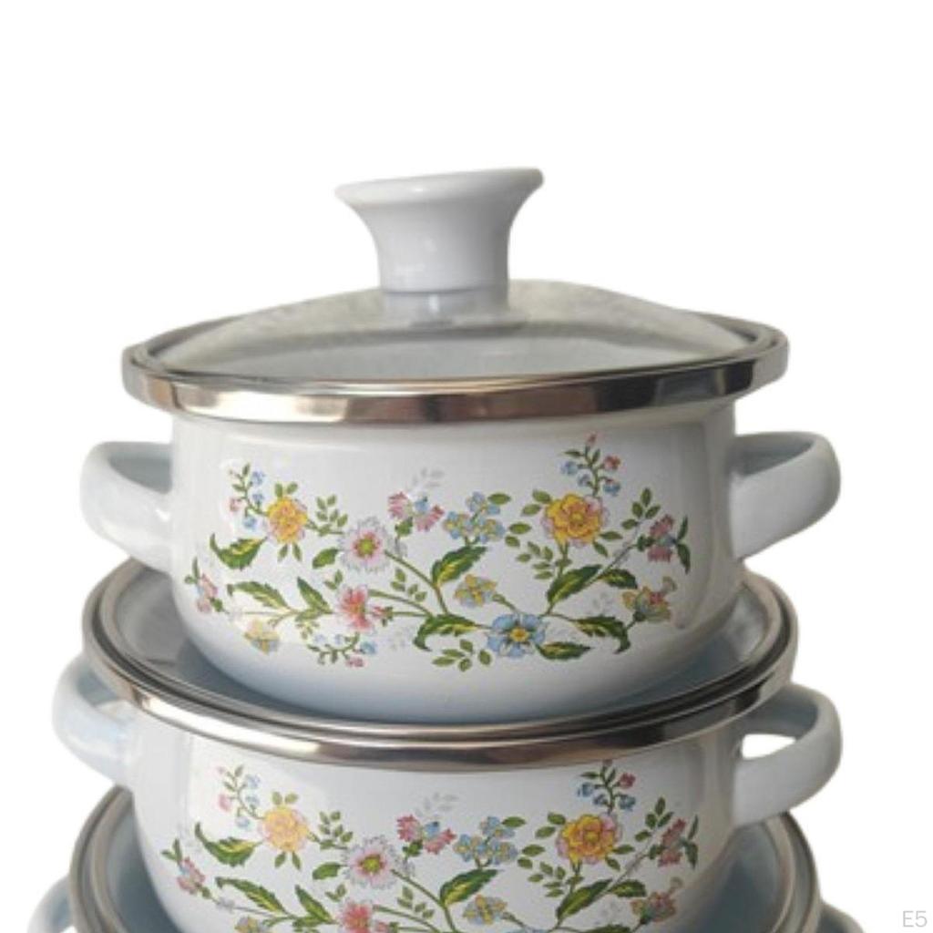3 Pieces Enamel Stockpot Cooking Pots Nonstick Vintage Pot Stew Bean Simmer for Dining