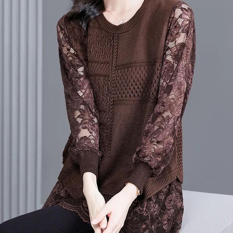 Knit Sweater Women's Fall Comfortable Loose False Two-piece Tops Pullover Lace Bottoming Shirt Long-sleeved Warm Casual Tops
