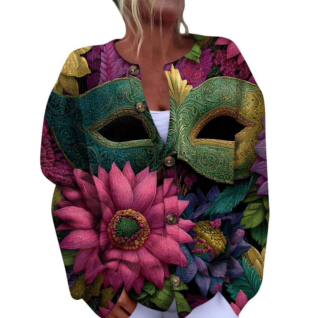 Women's Fashion Festival Printed Long-Sleeved Knitted Cardigan With Button-Front