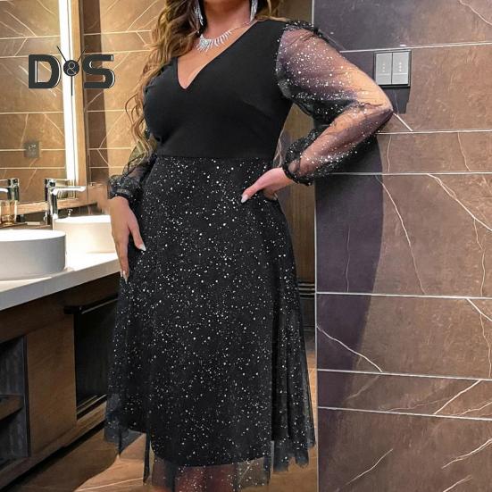 Вечернее платье больших размеров с узором в горошек, двухслойным подолом, сетчатыми рукавами, облегающим кроем, V-образным вырезом, платье-трапеция с V-образным вырезом, выпускное платье миди