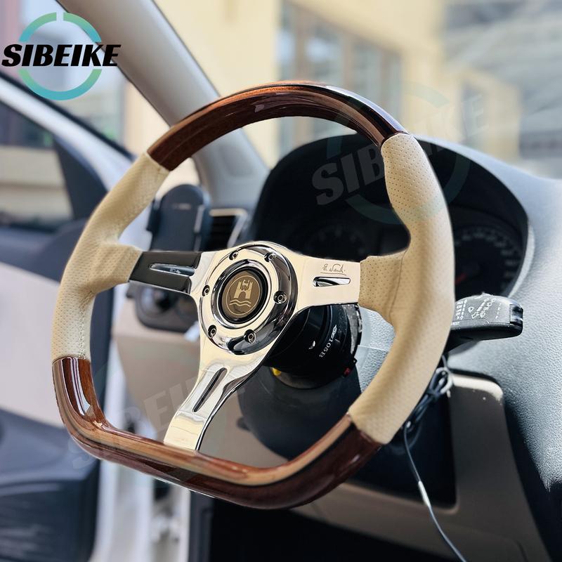 JDM 14inch Classic D Shape Leather Wooden Steering Wheel Vintage Sports Steering Wheel for VW Wolfsburg