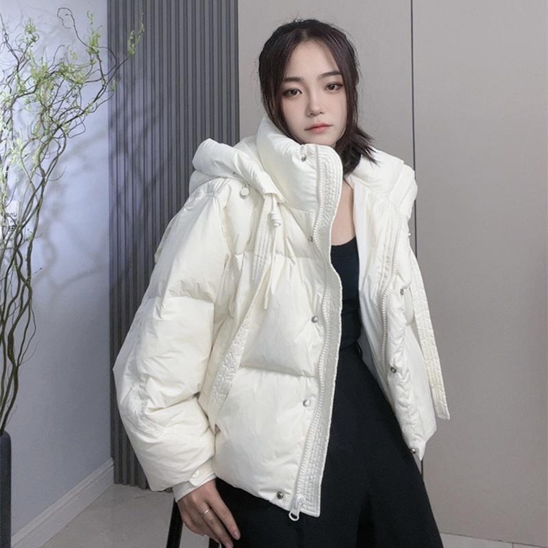 Короткая куртка-пуховик женская толстая белая утиная пуховая куртка с капюшоном однотонная