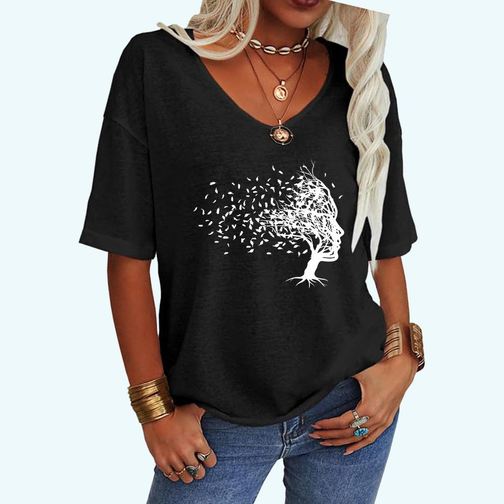 Женская мода V-образный вырез свободная футболка повседневный принт топ женская футболка с коротким рукавом
