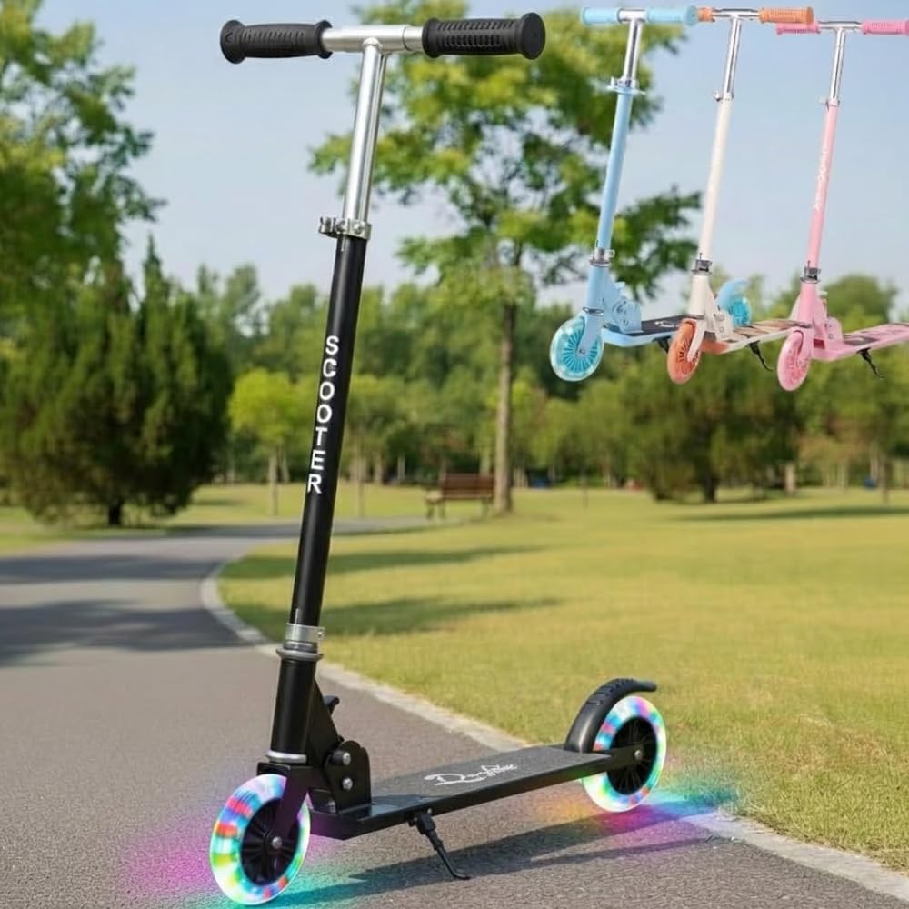Kick with LED Height 50kg Weight iimono117 Kids' Scooter, 2-Wheel, Light-Up Tires, Foldable, 3-Stage Adjustment, Lightweight, Compact, Capacity,