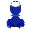 Girls Performance Leotard Halter Sleeveless Cutout Back with Feather Skirt Latin Dancewear