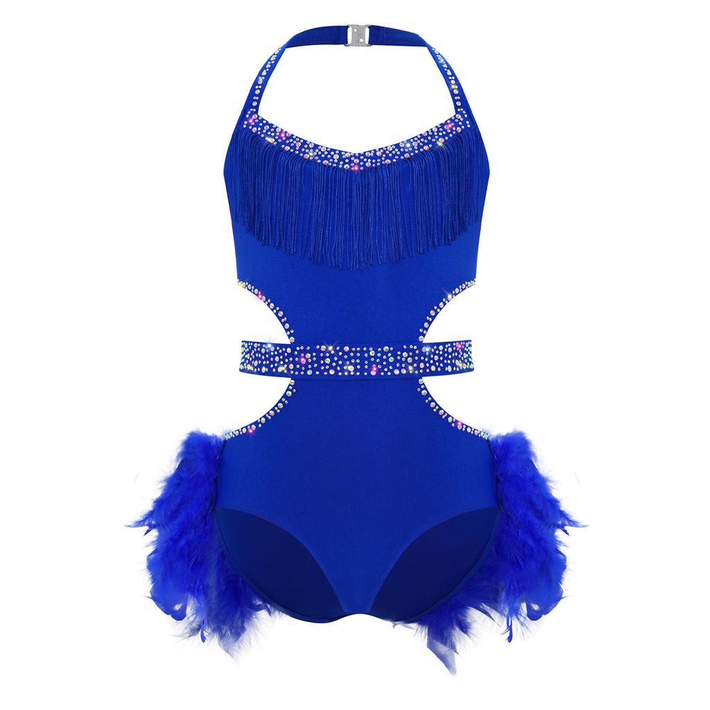 Girls Performance Leotard Halter Sleeveless Cutout Back with Feather Skirt Latin Dancewear