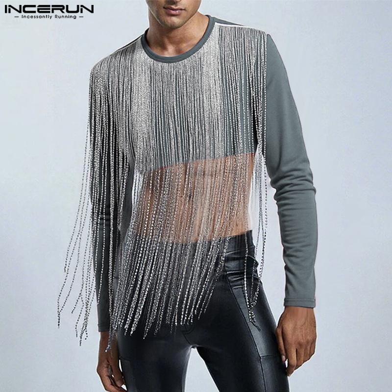 INCERUN Мужские футболки с круглым вырезом, кисточками спереди, в стиле пэчворк, с длинным рукавом, повседневные, укороченные