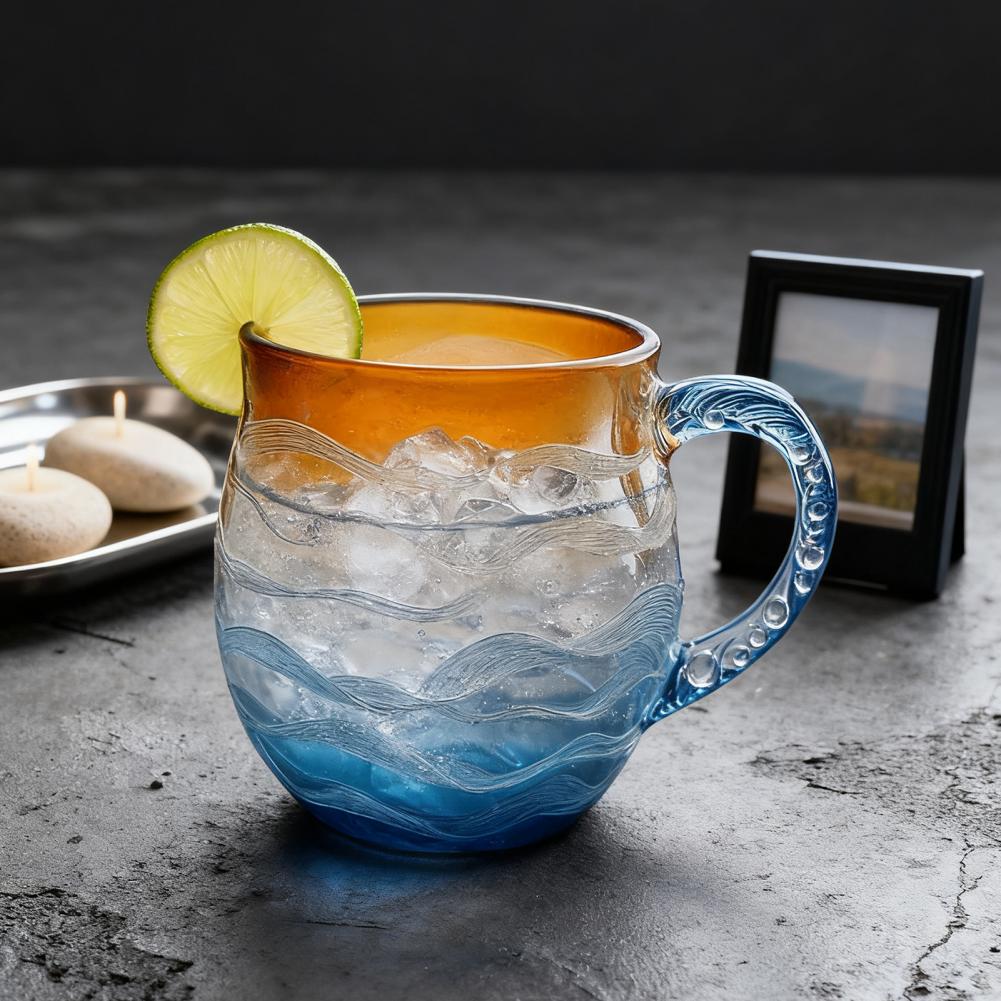 Sunset Ocean Cup Wave Pattern Water Glass 350ml Oceanic Theme Drinking Cup Artistic Drink Container for Beach Lovers