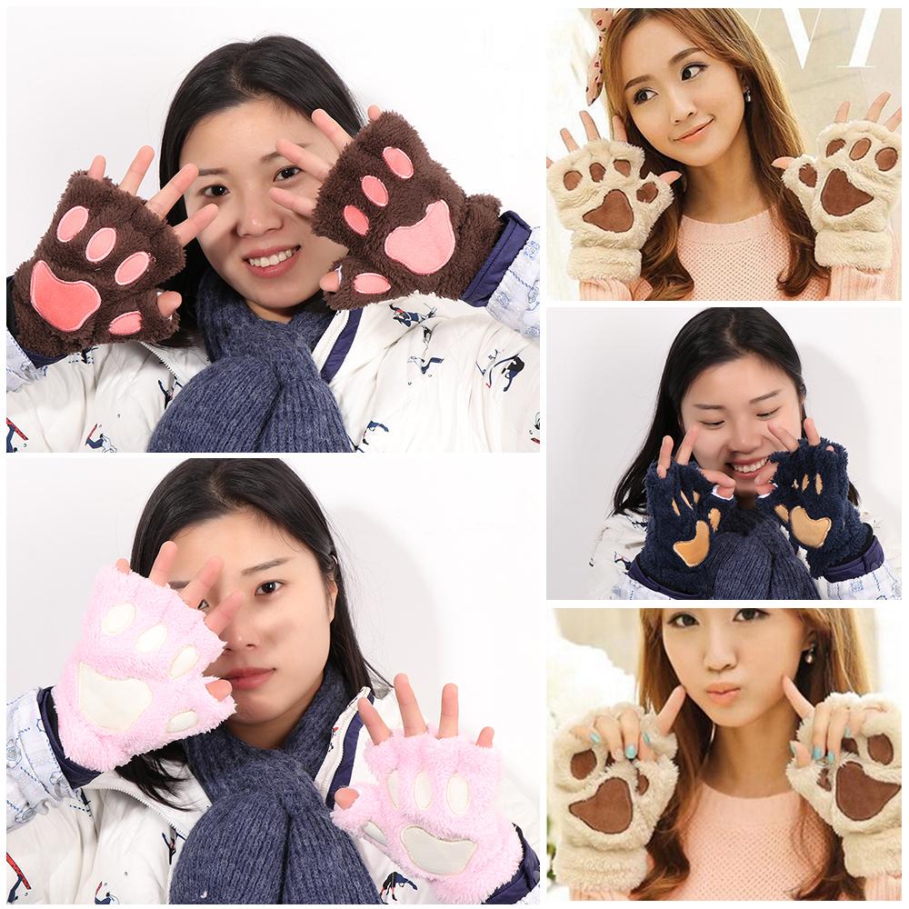 14Colors Girl Lovely Winter Warm Plush Fingerless Gloves Bear Cat Paw