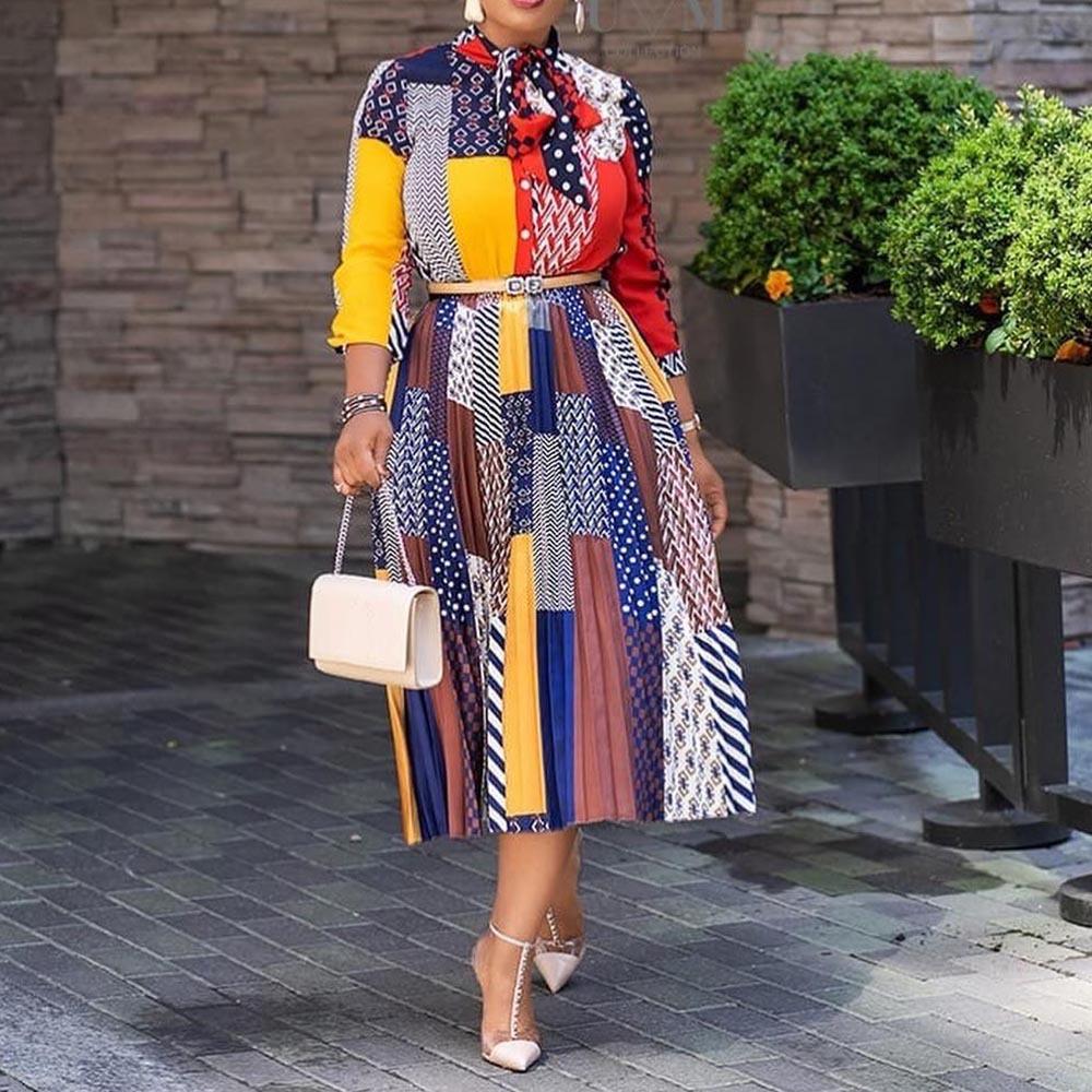 2026 New Dress African Printed Bow Collar Seven-Sleeve Medium Dress Women's SC8165