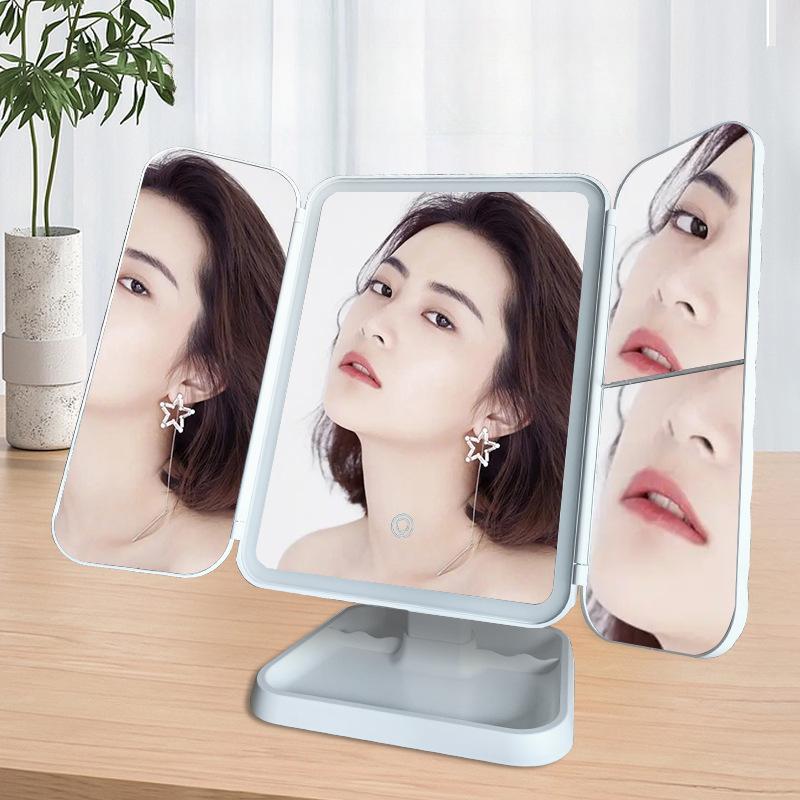 Светодиодное интеллектуальное зеркало для макияжа, регулируемое настольное зеркало с трехцветной подсветкой, квадратное складное трехстороннее косметическое зеркало с подсветкой