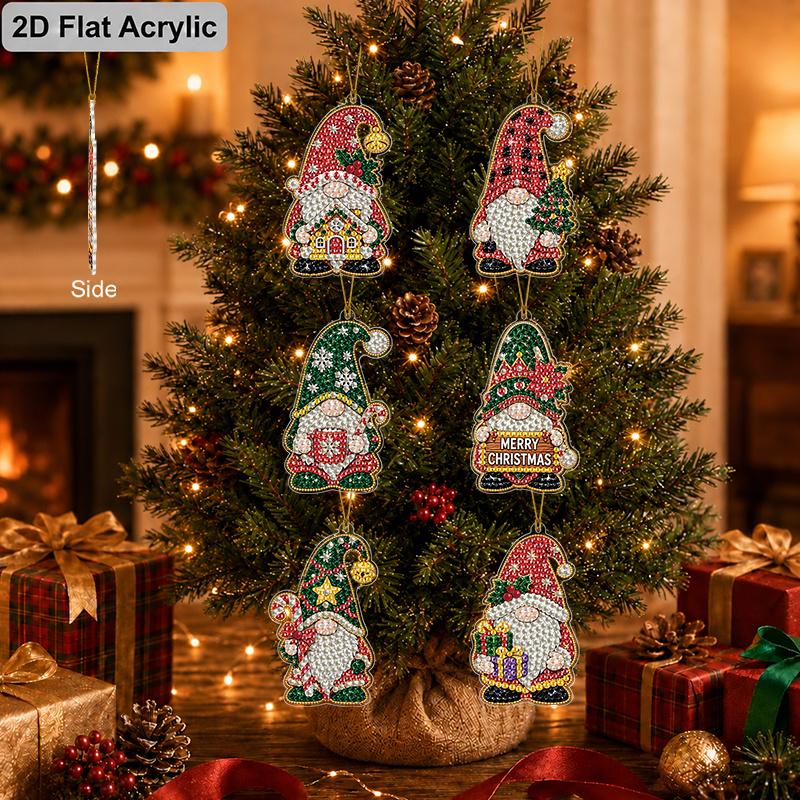 2D Flat 12pcs Acrylic Diamond Painting Christmas Ornaments, DIY Pearl Diamond Art Hanging Pendants, Gnome Angel Gingerbread House Snowflake Xmas Tree