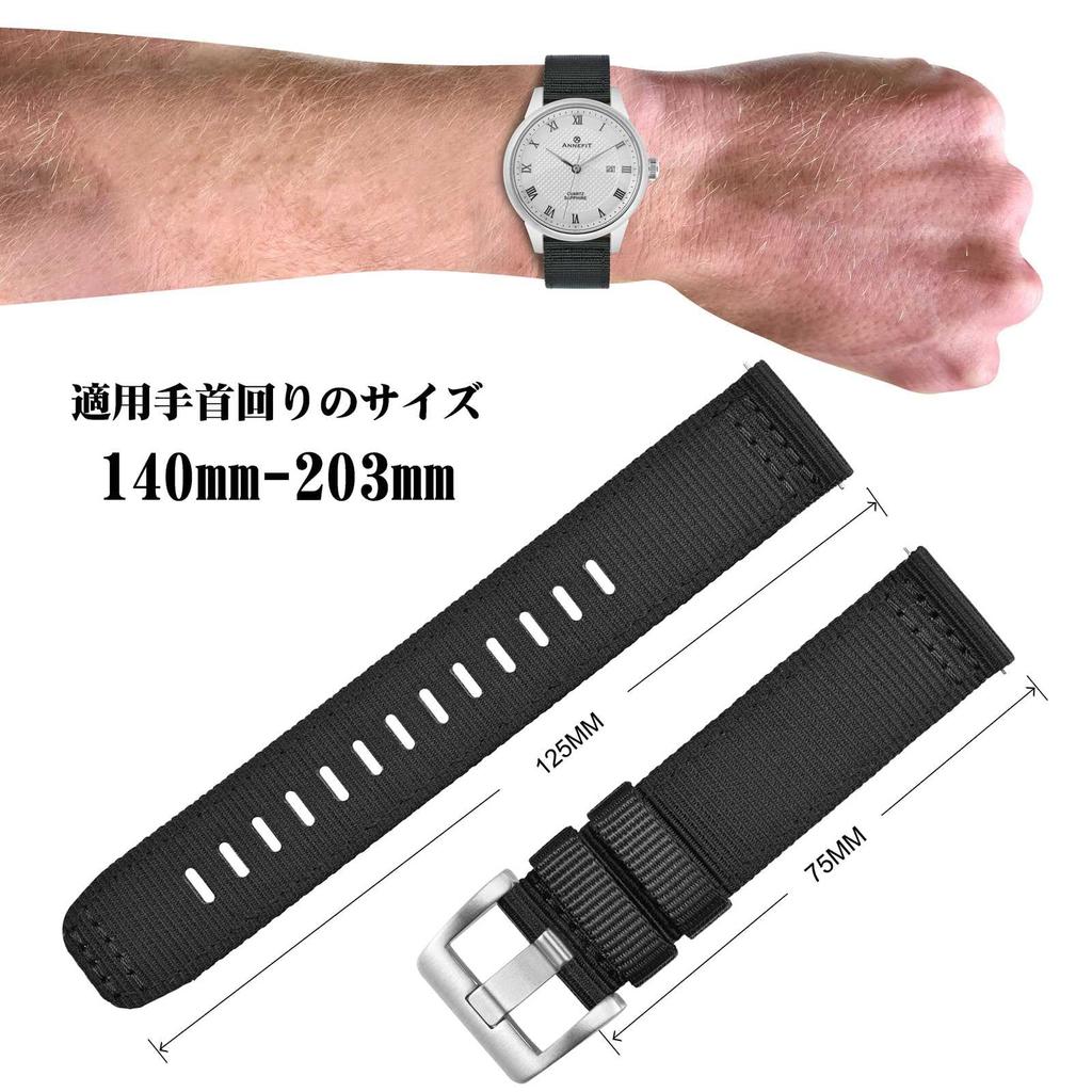 ANNEFIT Нейлоновые часы Военные часы Сменный нейлоновый ремешок с тканевой быстросъемной пряжкой, Ремешок, 18 мм, Двухкомпонентная отделка, Черный/Серебристый