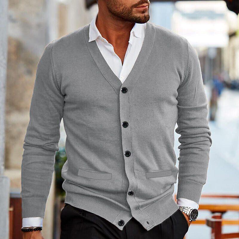 Men Solid V Neck Cardigan Knitted Jumper Long Sleeve Button Up Warm Sweater Tops