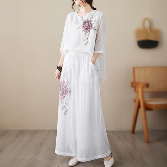 Женские костюмы-двойки с рукавом 3/4, винтажные вышитые рубашки, комплект брюк с широкими штанинами, летний повседневный комплект из хлопка и льна