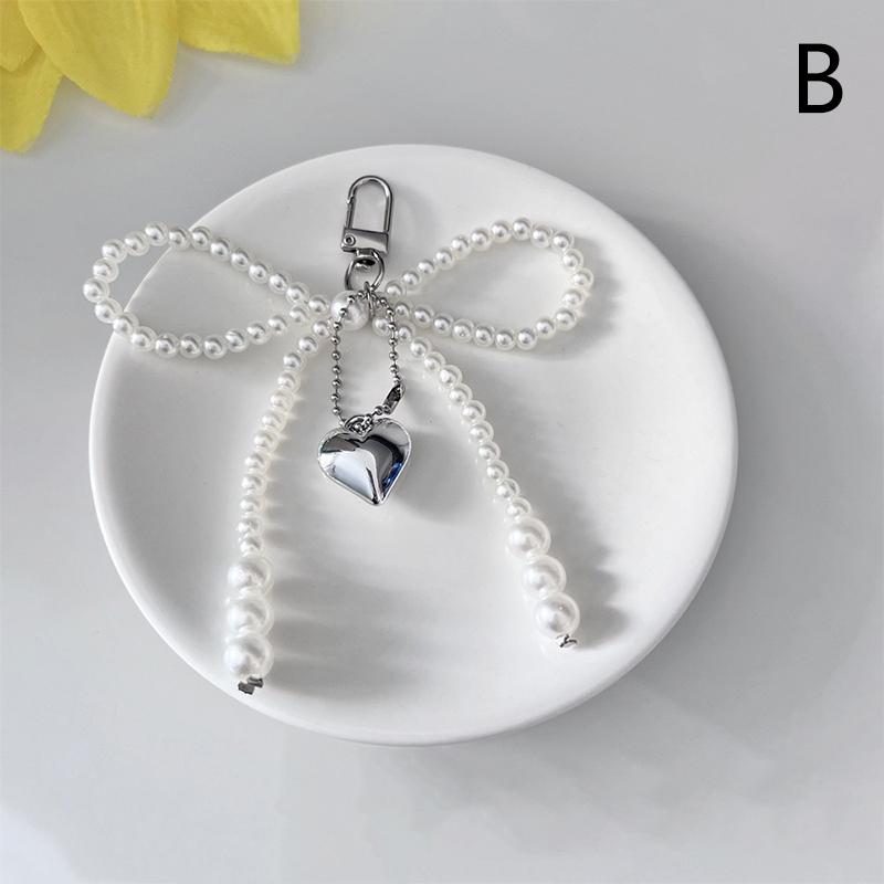 Sweet Bowknot Heart Keychain Pendant Lovely Beaded Hanging Decorations Keyring Charm Phone Lanyard Phone Charm Bag Pendant